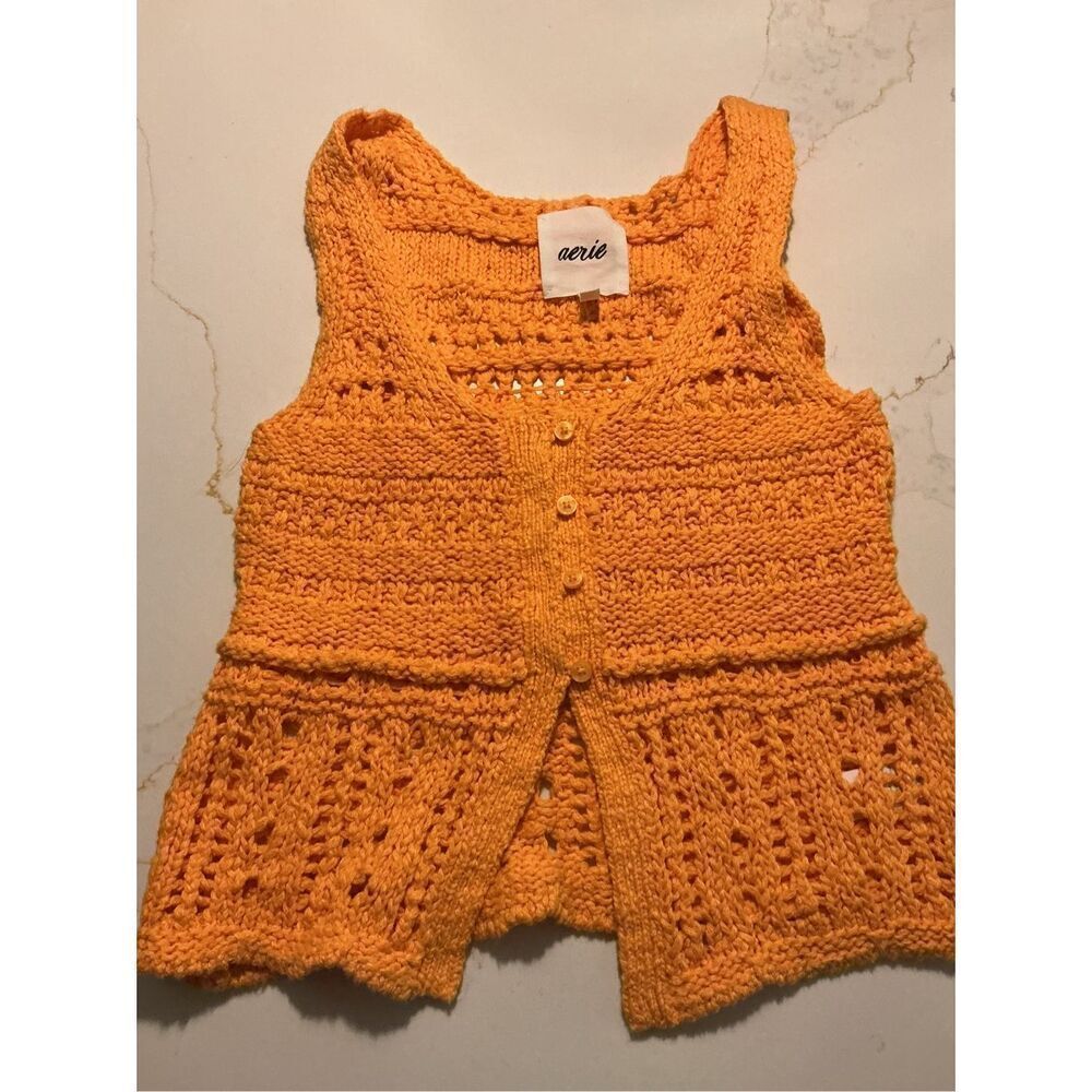 Aerie Crochet Button Up Cropped Top Sz XS Orange Hippie Gypsy 70’s